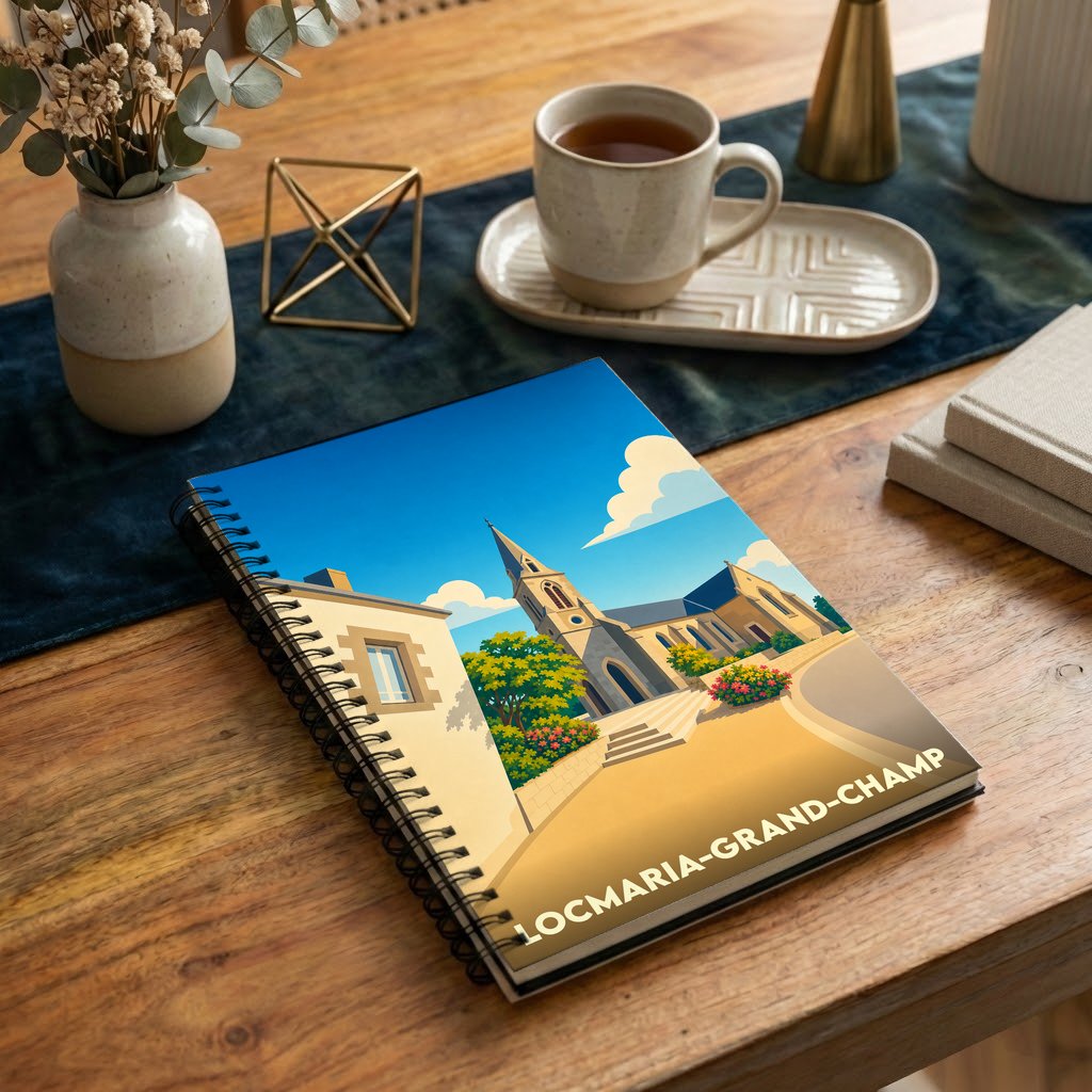 Carnet à spirales souvenir de la ville de Locmaria-Grand-Champ avec une illustration stylisée de son église.
