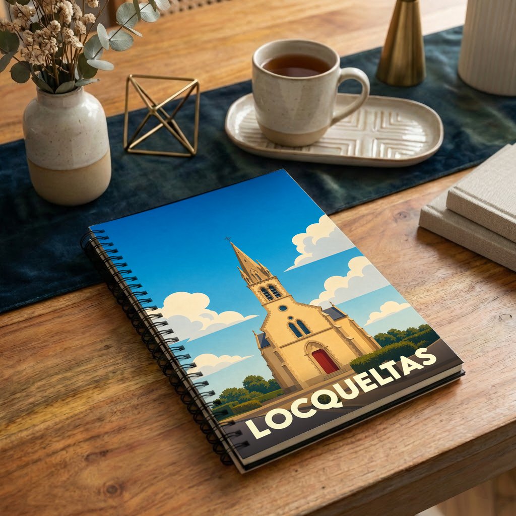 Carnet à spirales souvenir de la ville de Locqueltas avec une illustration stylisée de son église.