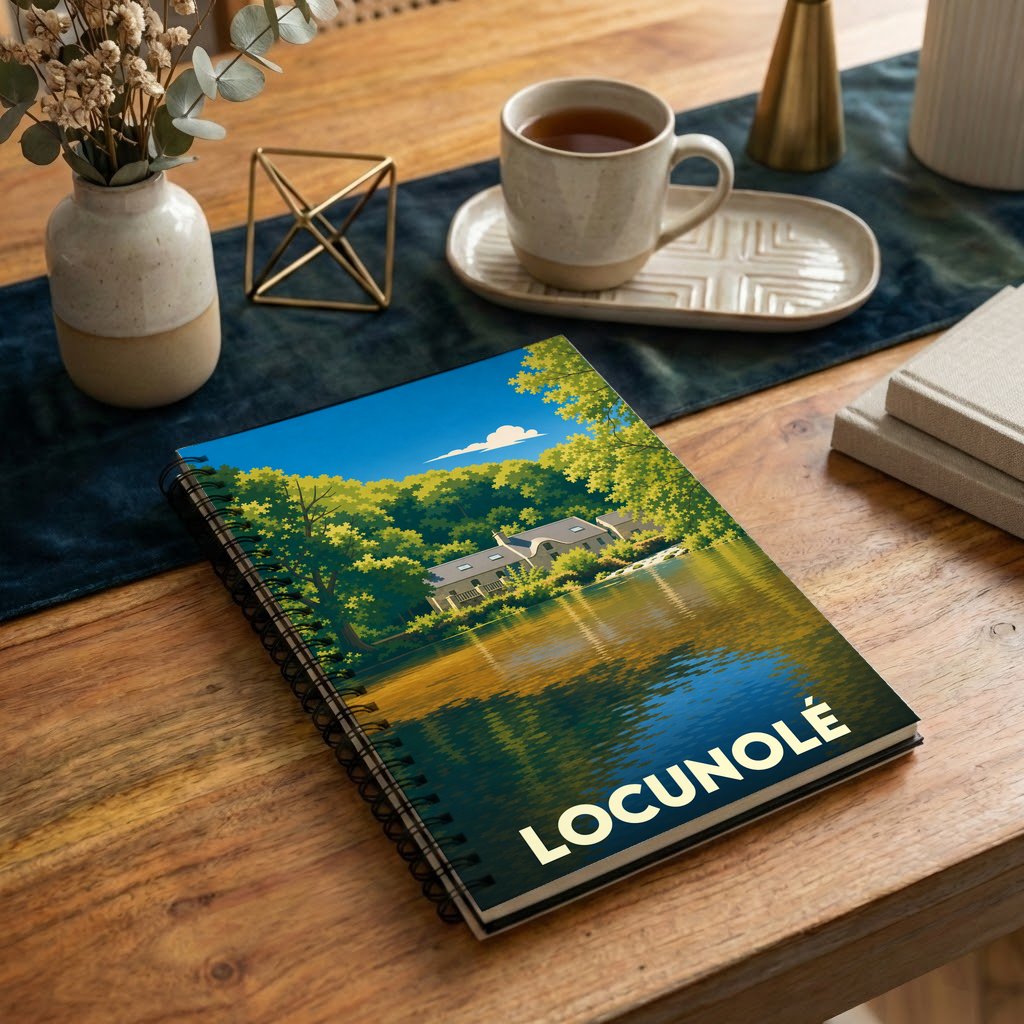 Carnet à spirales souvenir de la ville de Locunolé avec une illustration stylisée d'une maison au bord de l'eau.