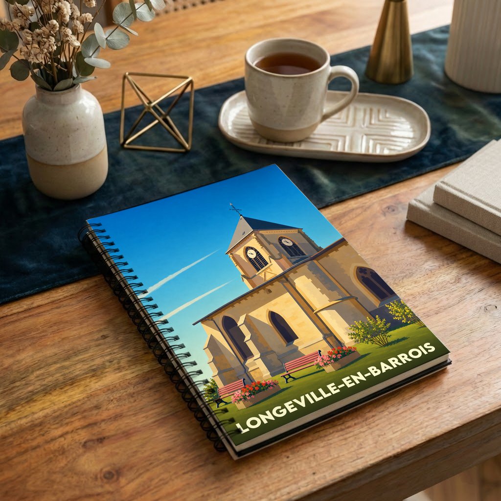 Carnet souvenir de la ville de Longeville-en-Barrois avec une illustration stylisée de son église.
