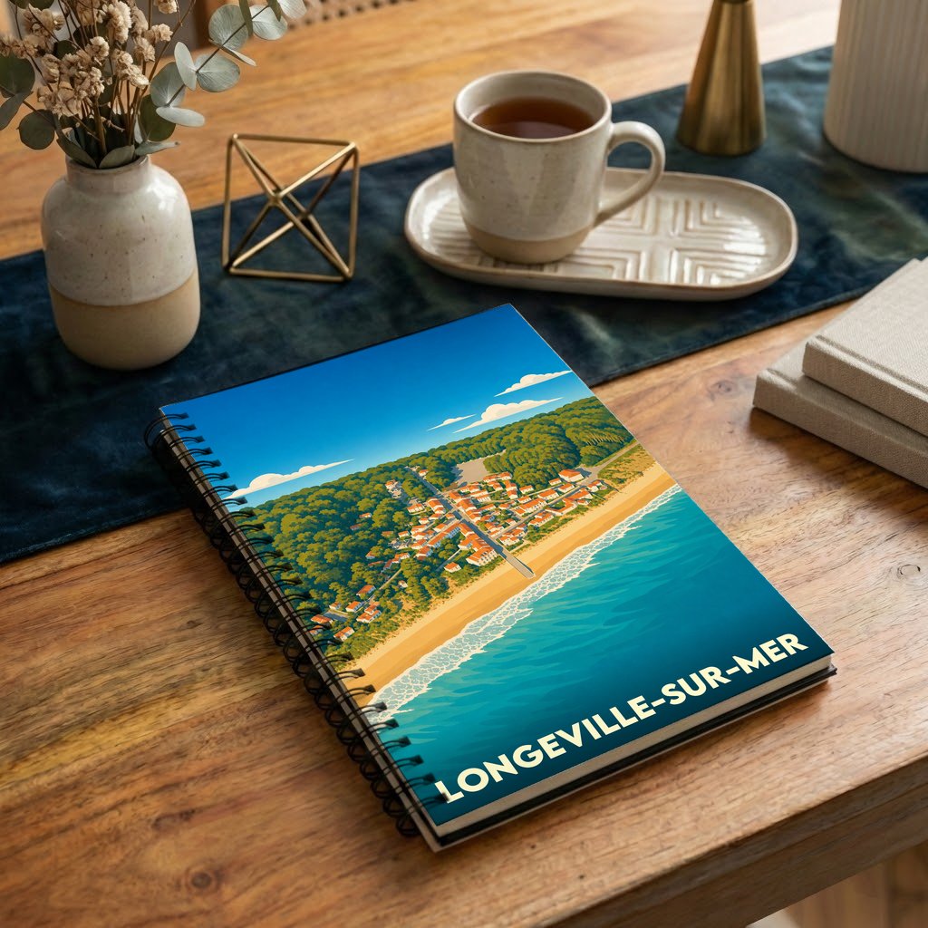Carnet souvenir de la ville de Longeville-sur-Mer avec une illustration stylisée du littoral.