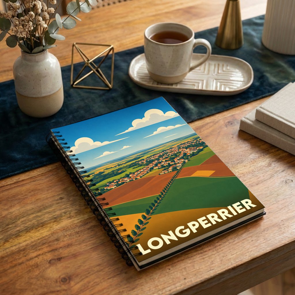 Carnet souvenir de la ville de Longperrier avec une illustration stylisée de ses paysages.