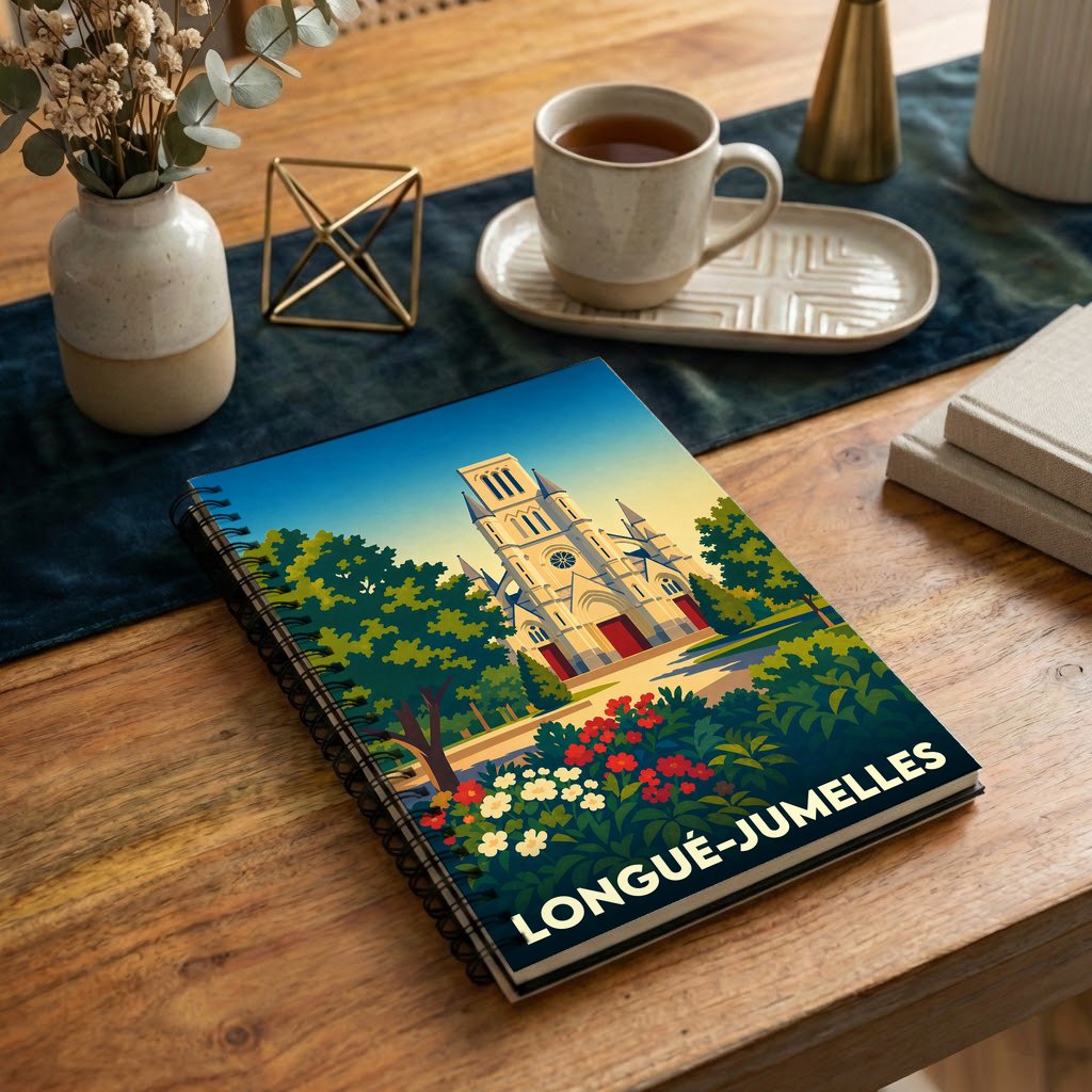 Carnet à spirales souvenir de la ville de Longué-Jumelles avec une illustration stylisée de son église et de ses jardins.