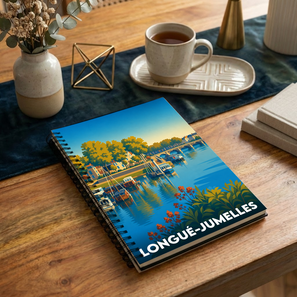 Carnet à spirales souvenir de la ville de Longué-Jumelles avec une illustration stylisée de ses bords de rivière.