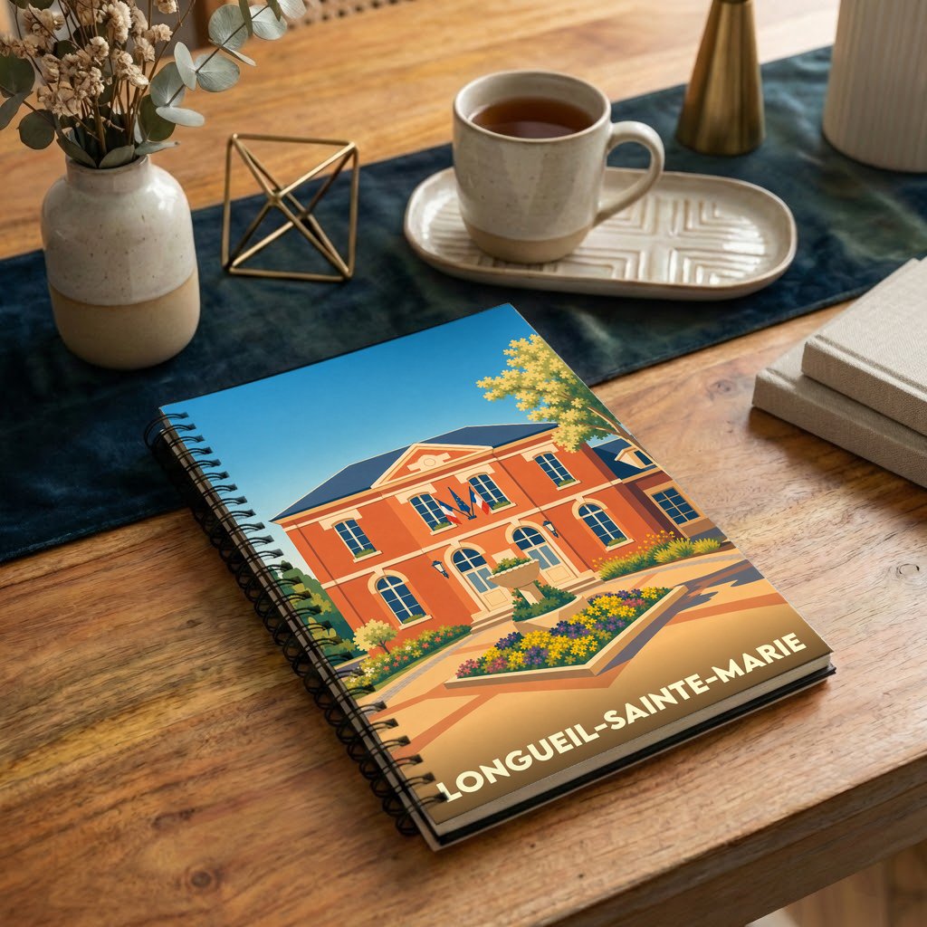 Carnet à spirales souvenir de Longueil-Sainte-Marie avec une illustration stylisée de sa mairie.