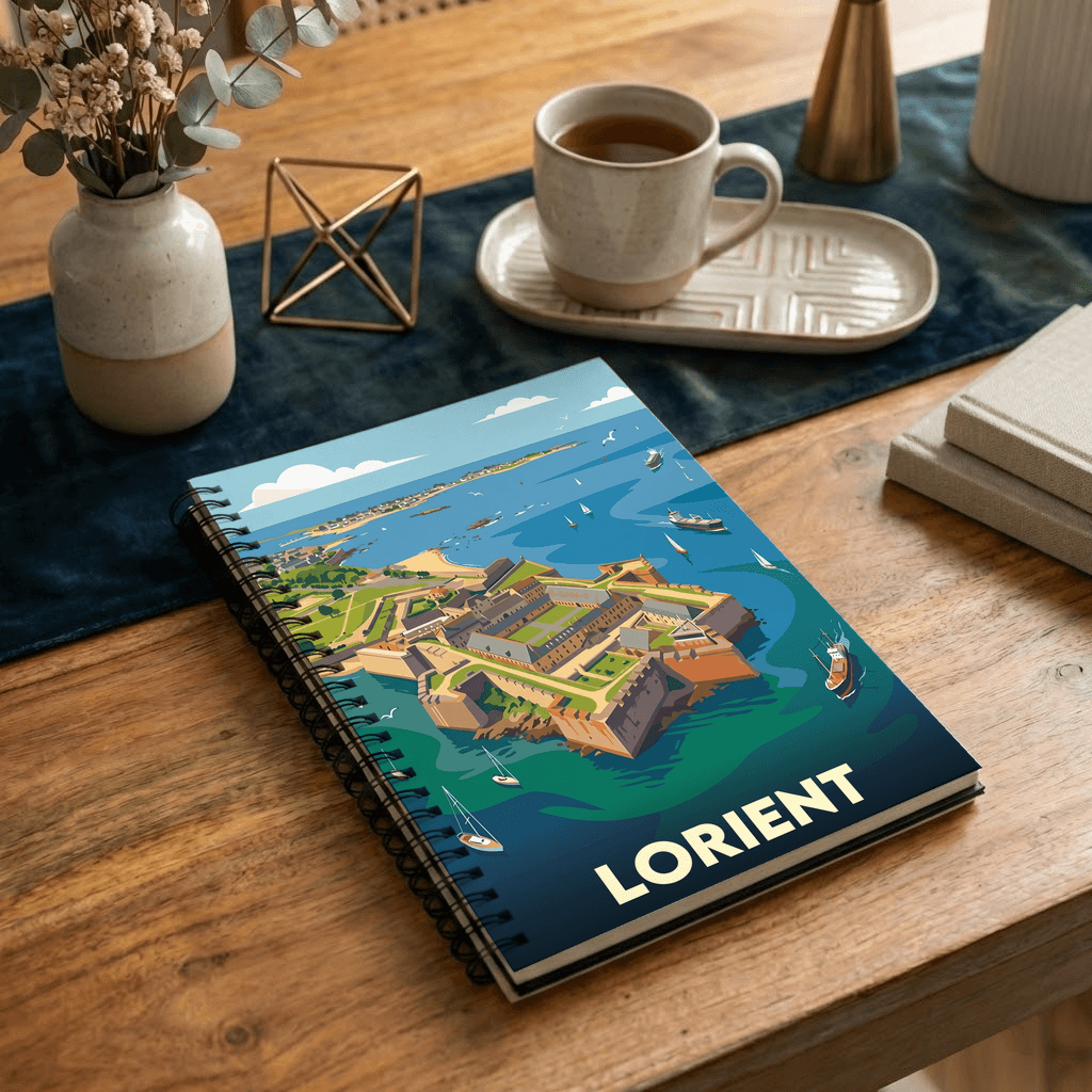 Carnet à spirales souvenir de la ville de Lorient avec une illustration stylisée.