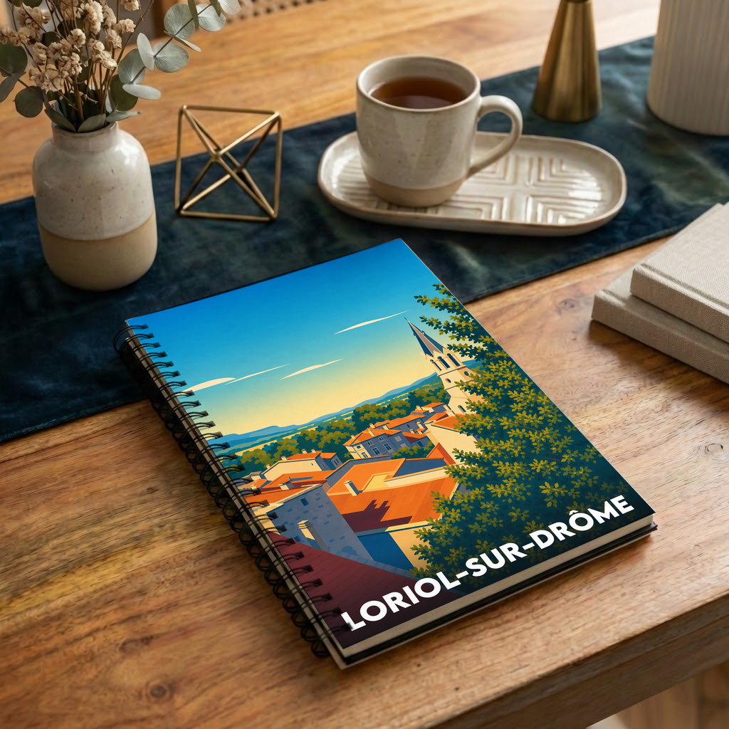 Carnet à spirales souvenir de la ville de Loriol-sur-Drôme avec une illustration stylisée.