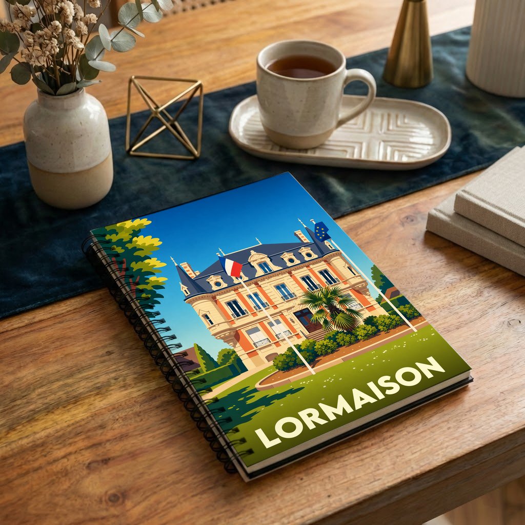 Carnet de notes souvenir de la ville de Lormaison avec une illustration stylisée de son hôtel de ville.