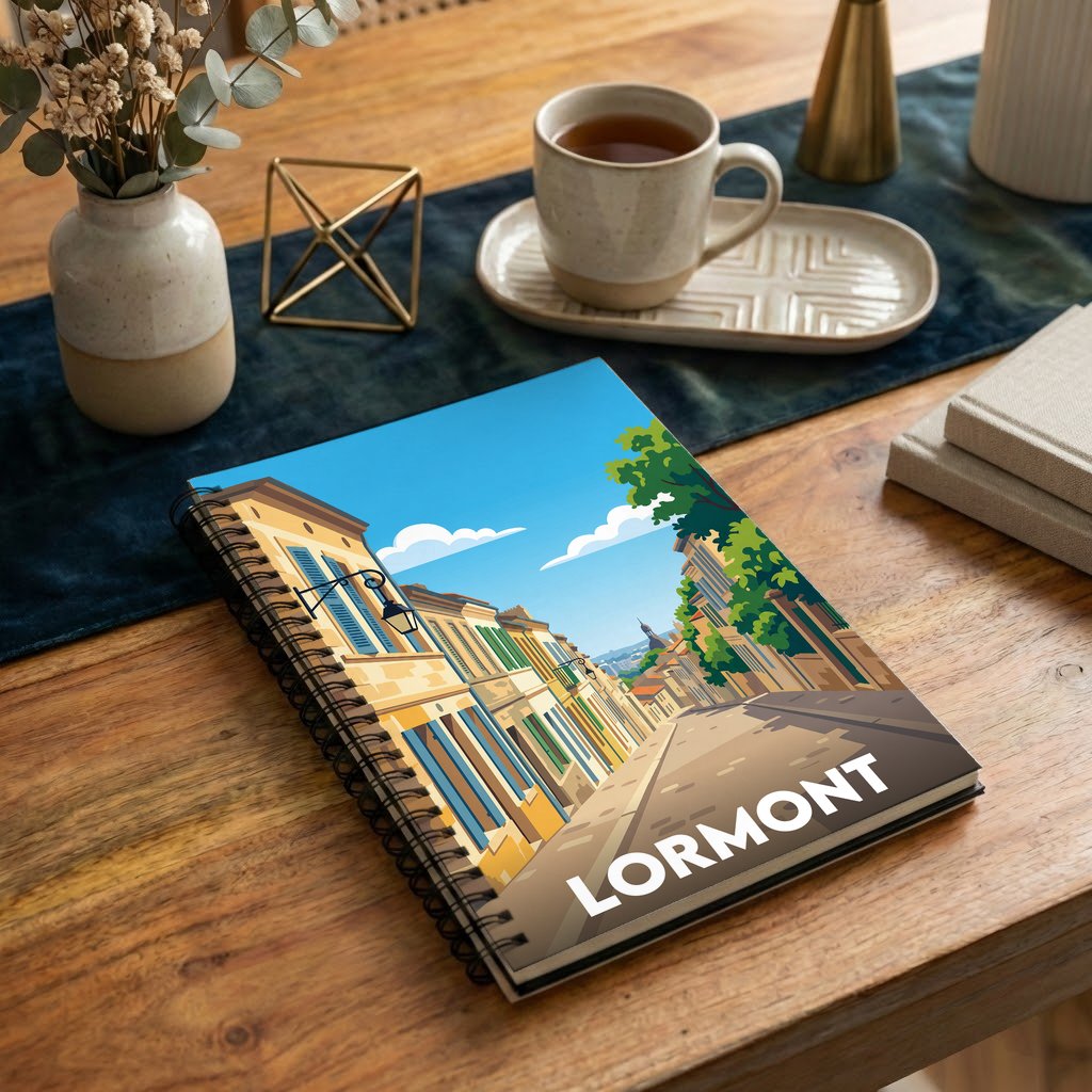Carnet à spirales souvenir de la ville de Lormont avec une illustration stylisée d'une rue pittoresque.