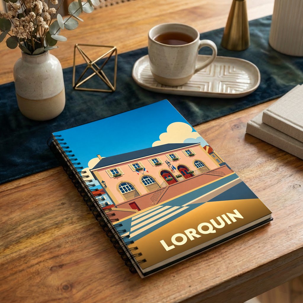 Carnet à spirales souvenir de la ville de Lorquin avec une illustration stylisée.