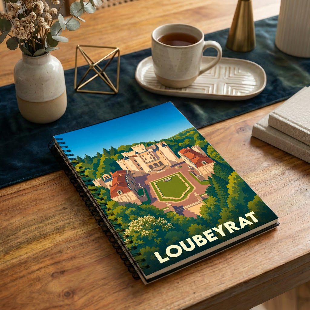Carnet à spirales souvenir de Loubeyrat avec une illustration stylisée d'un château.