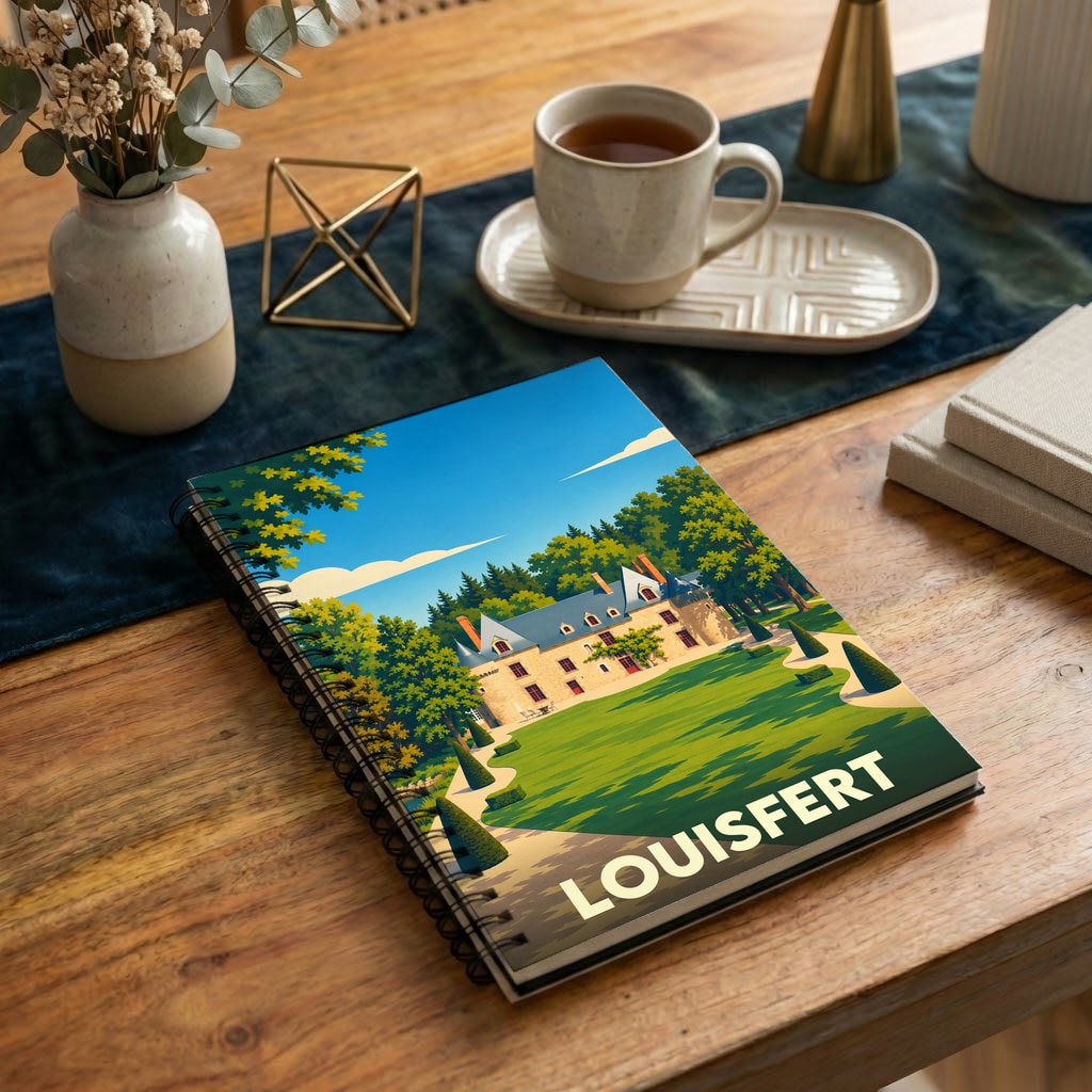 Carnet à spirales souvenir de la ville de Louisfert avec une illustration stylisée de son château.