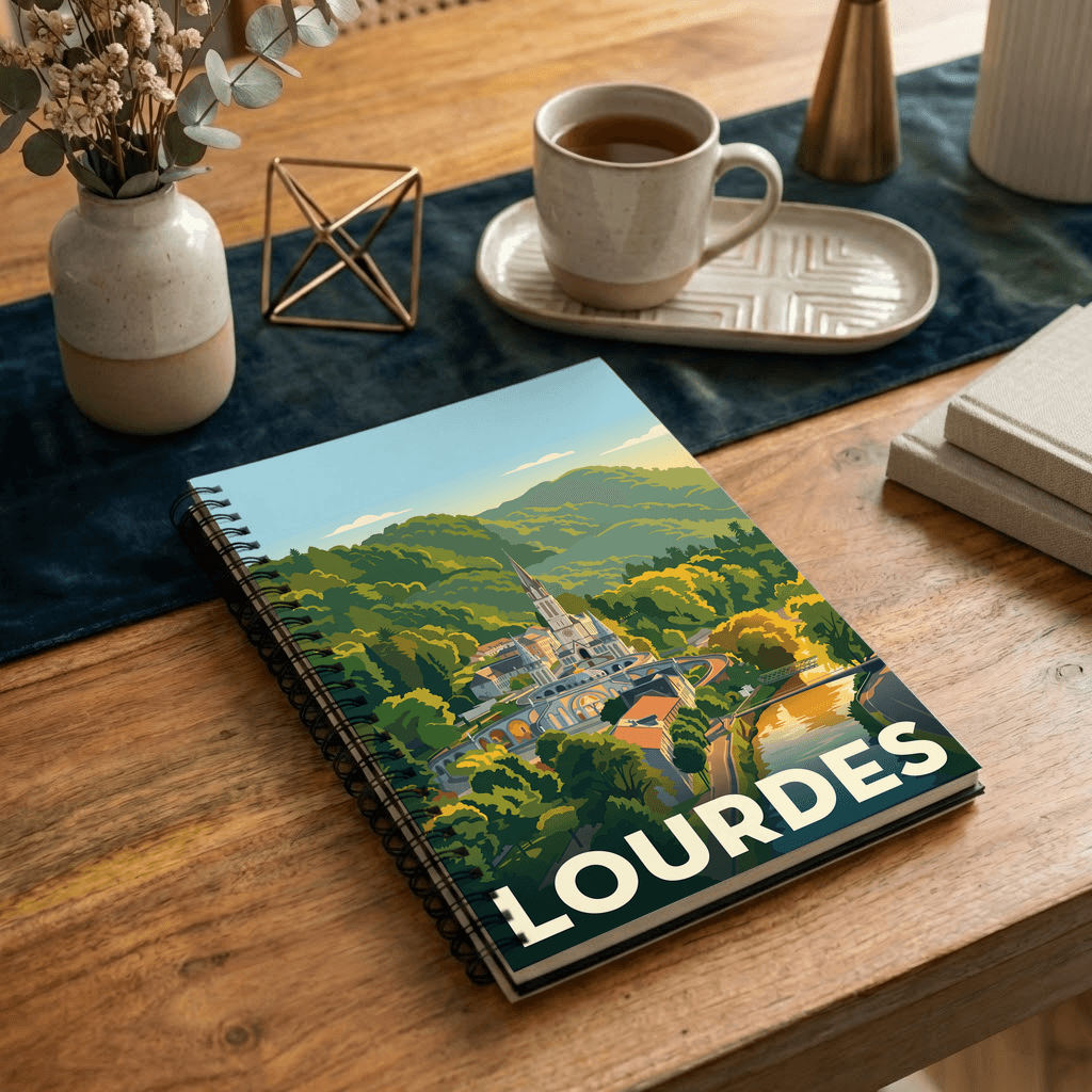 Carnet souvenir de la ville de Lourdes avec une illustration stylisée.