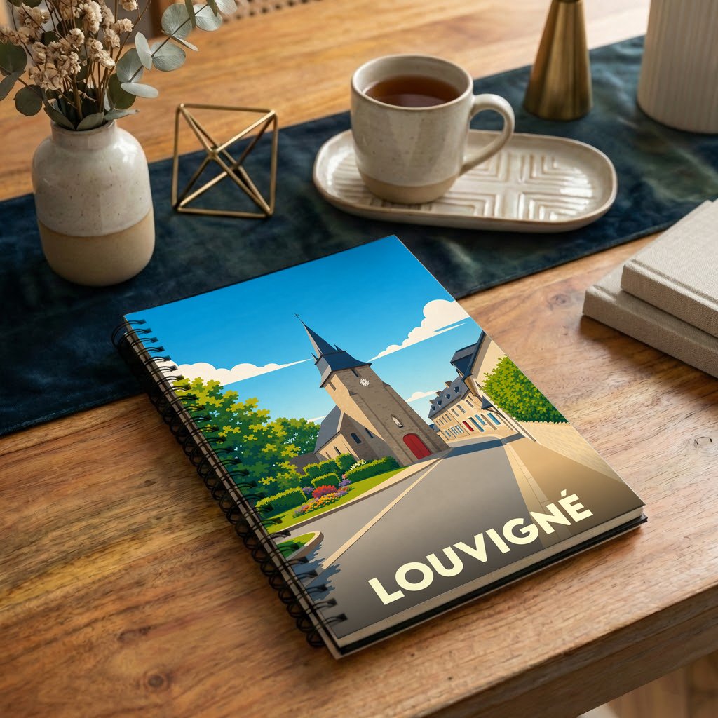 Carnet de notes à spirales souvenir de la ville de Louvigné avec une illustration stylisée de son église.