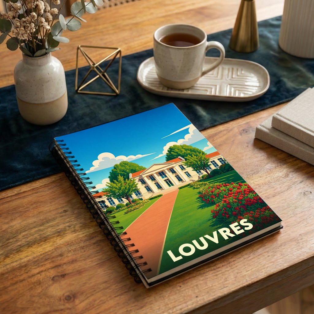Carnet à spirales souvenir de la ville de Louvres avec une illustration colorée et stylisée de son patrimoine.