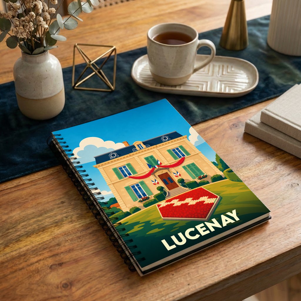 Carnet de notes souvenir de la ville de Lucenay avec une illustration stylisée de sa mairie.