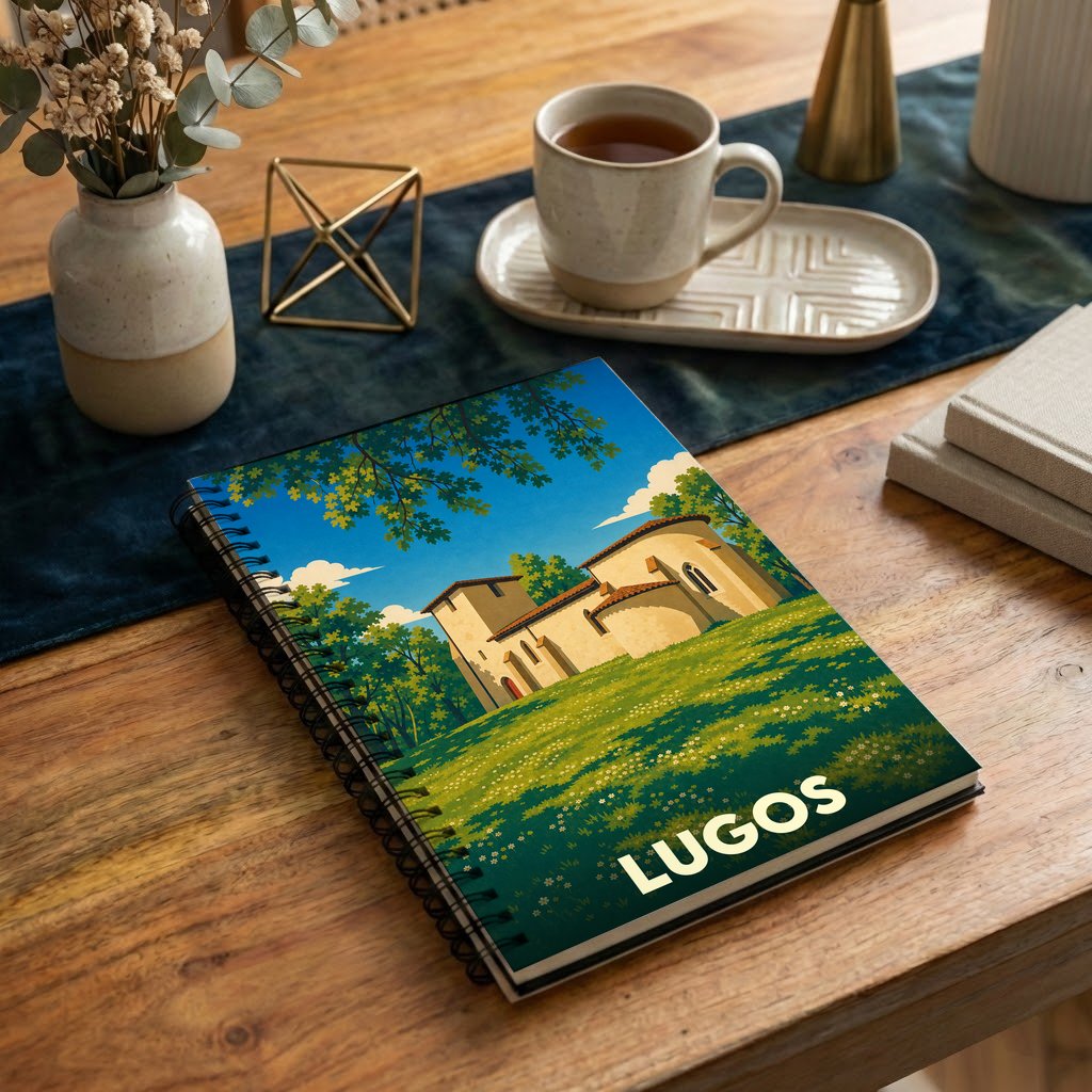 Carnet à spirales souvenir de la ville de Lugos avec une illustration stylisée de son église dans un paysage verdoyant.