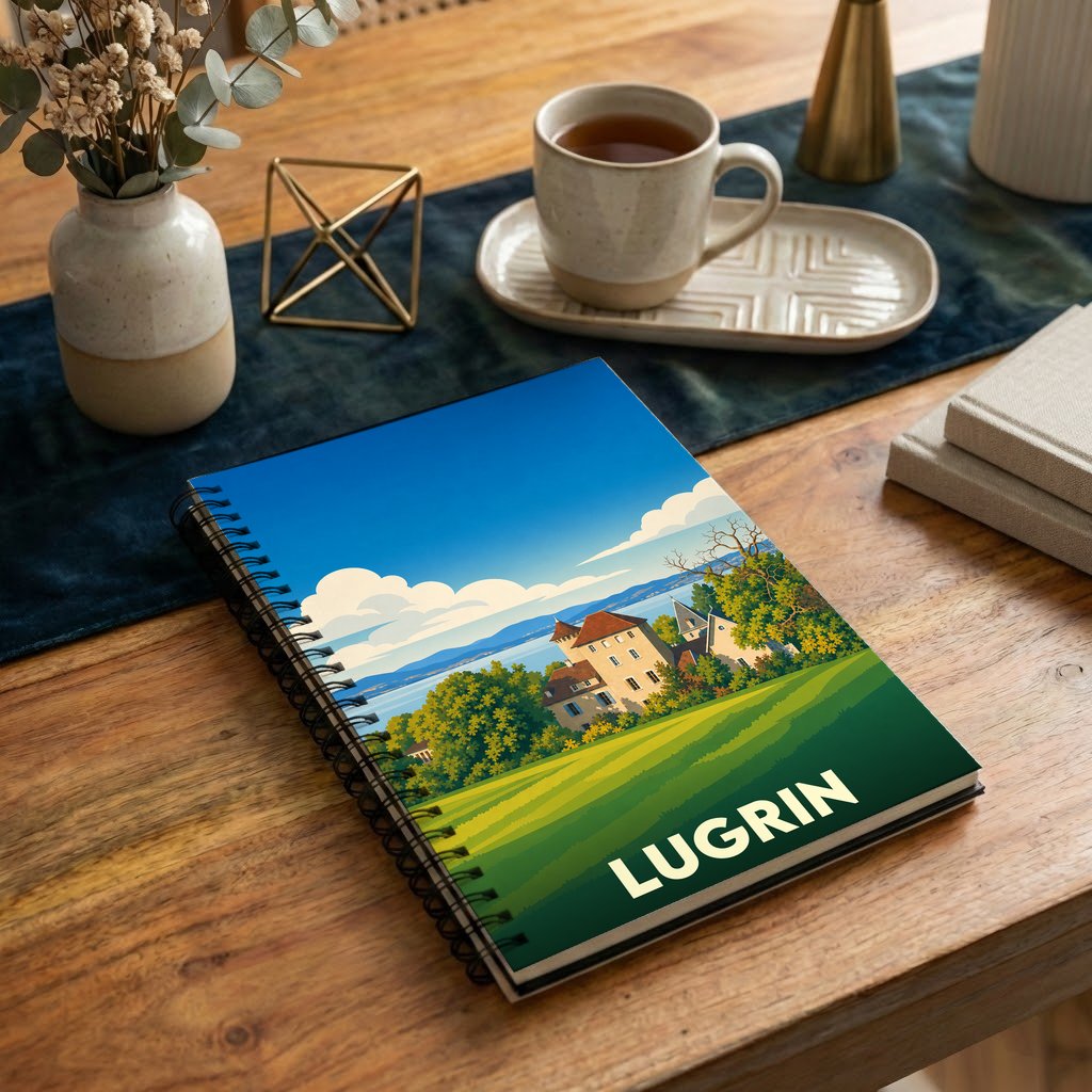 Carnet souvenir de la ville de Lugrin avec une illustration stylisée de son paysage et de son architecture.