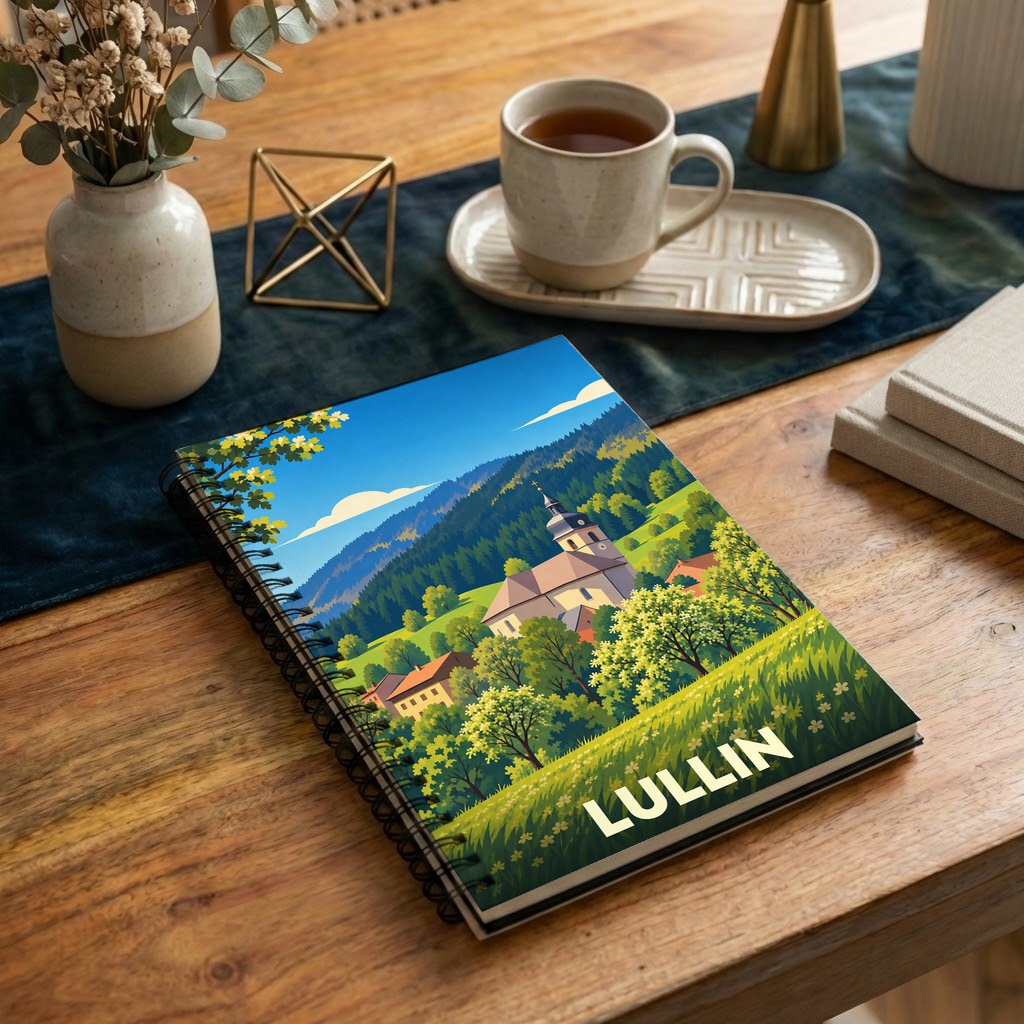Carnet de notes à spirales souvenir de la ville de Lullin avec une illustration stylisée de son paysage montagneux.