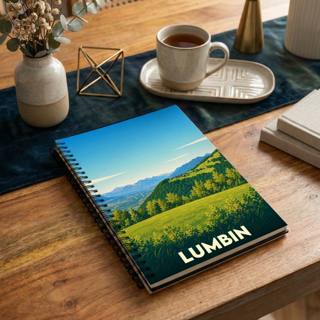 Carnet à spirales souvenir de la ville de Lumbin avec une illustration de paysage montagneux.