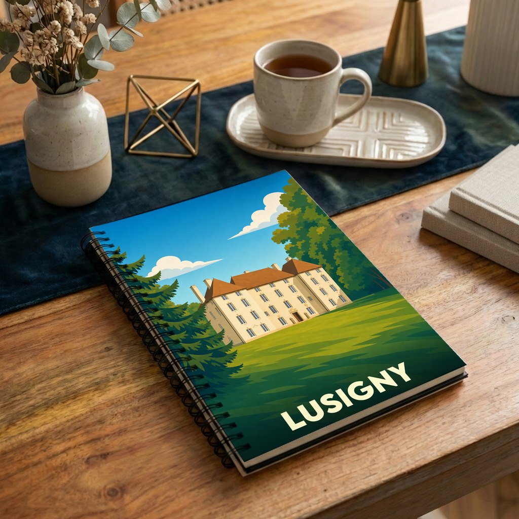 Carnet souvenir de la ville de Lusigny avec une illustration stylisée d'un château.