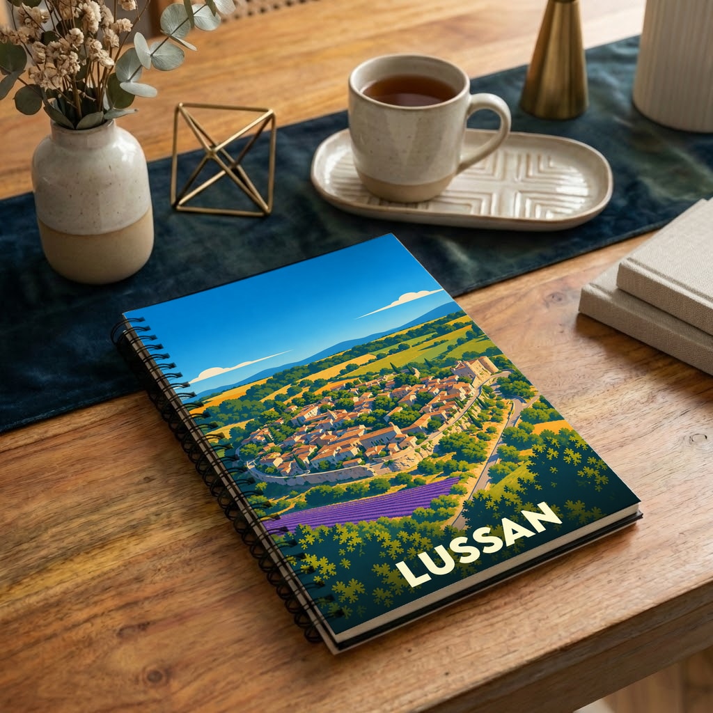Carnet à spirales souvenir de la ville de Lussan avec une illustration stylisée d'un village perché.