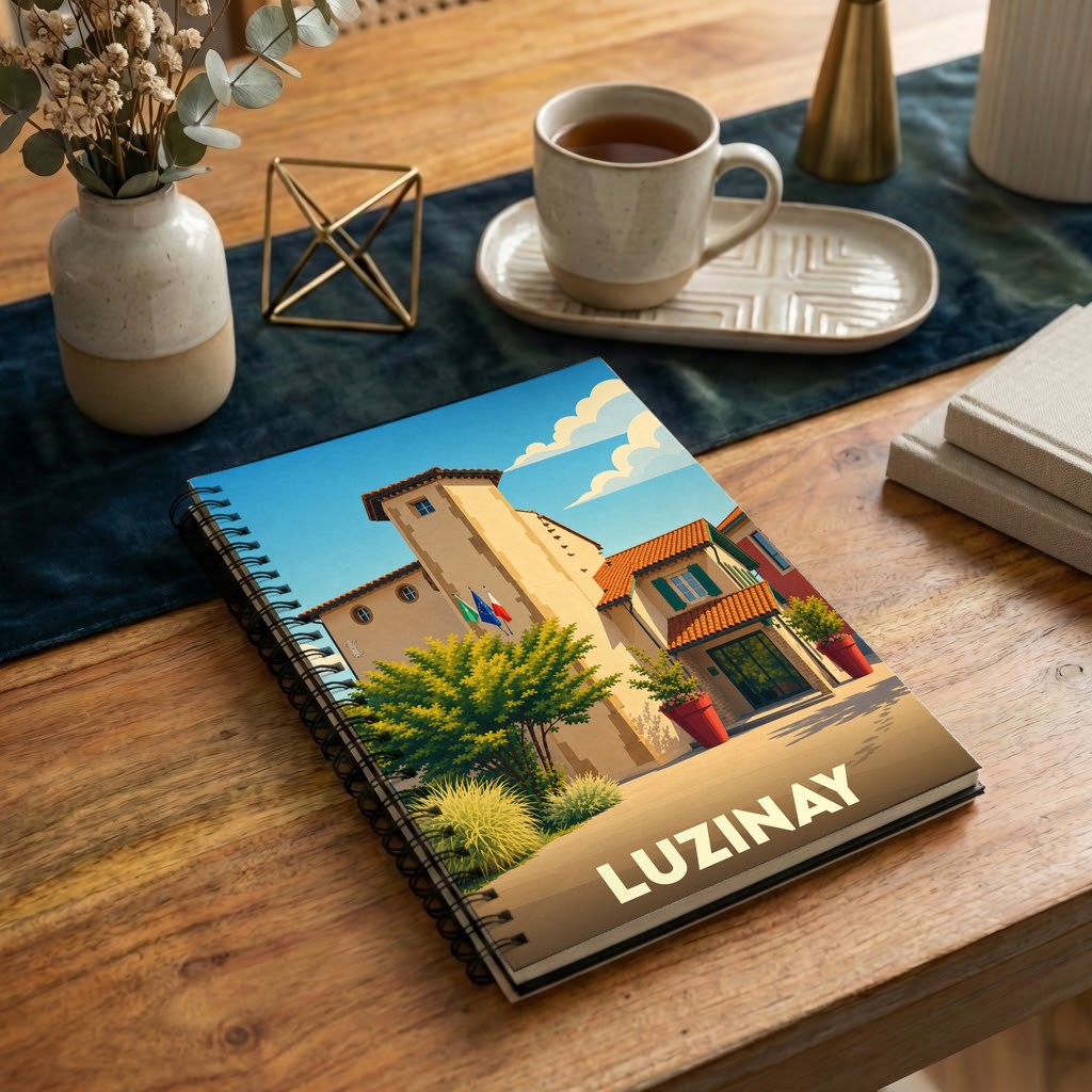 Carnet souvenir de la ville de Luzinay avec une illustration stylisée et colorée.