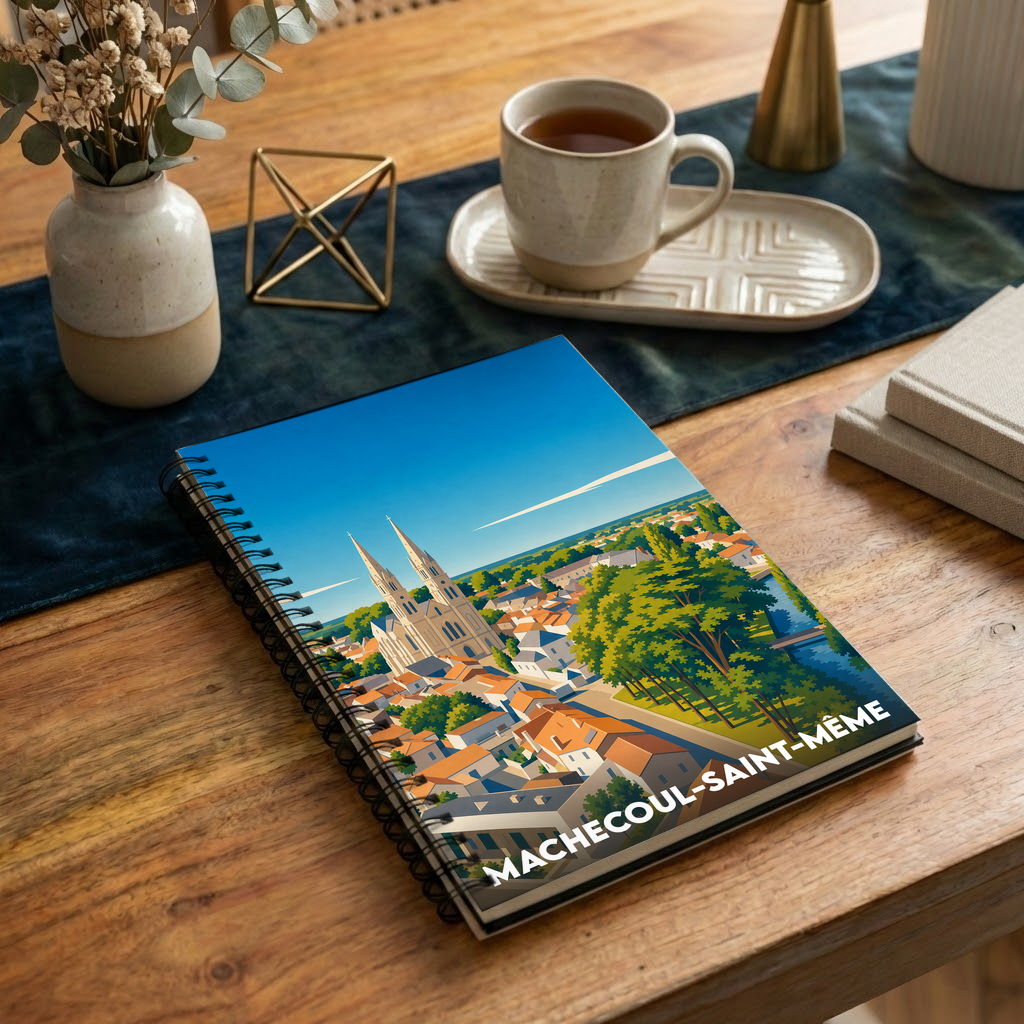 Carnet à spirales souvenir de la ville de Machecoul-Saint-Même avec une illustration stylisée.