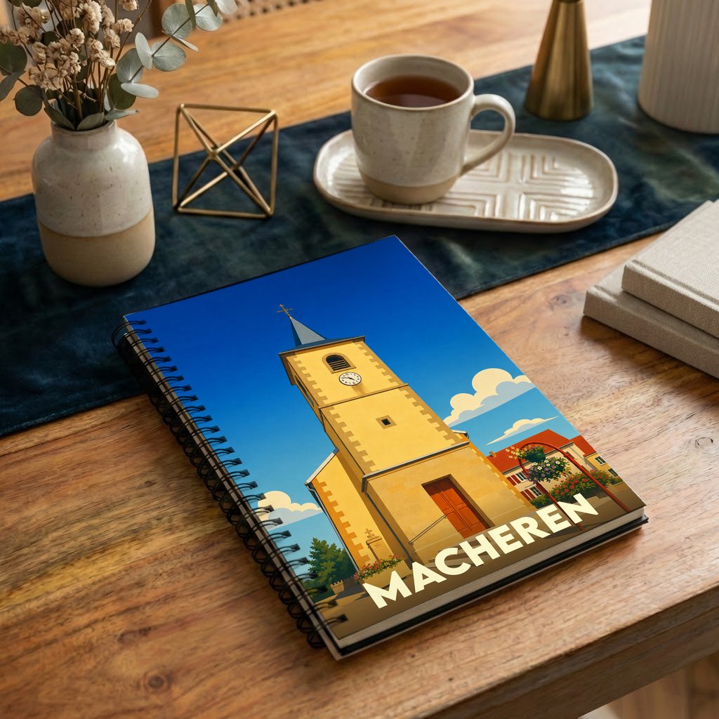 Carnet souvenir de la ville de Macheren avec une illustration stylisée de son église sous un ciel bleu.
