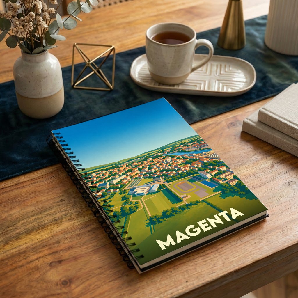 Carnet souvenir de la ville de Magenta avec une illustration stylisée.