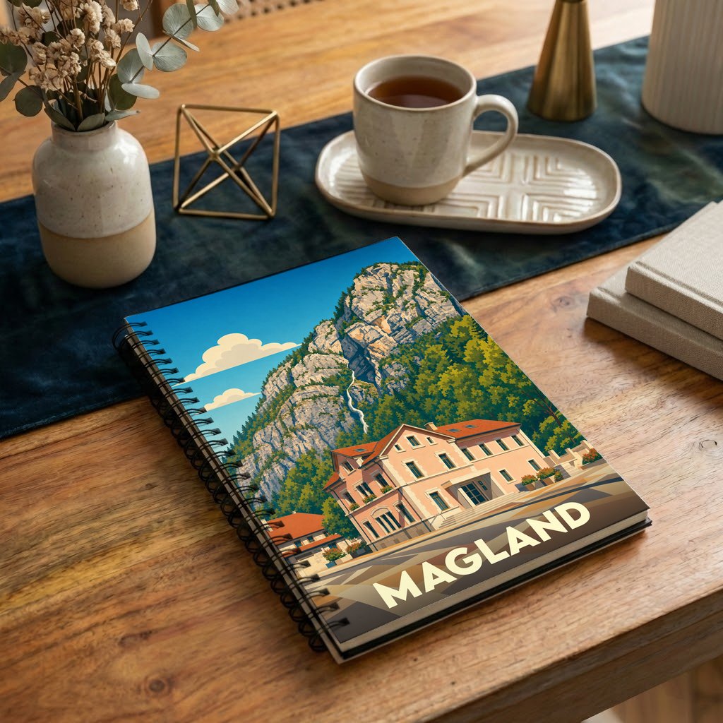 Carnet à spirales souvenir de la ville de Magland avec une illustration stylisée d'un paysage montagneux.