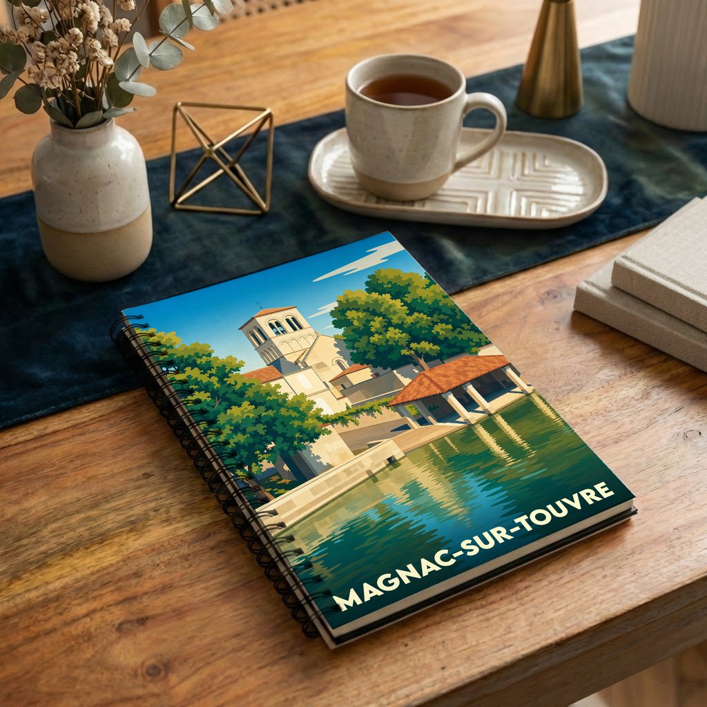 Carnet souvenir de la ville de Magnac-sur-Touvre avec une illustration stylisée des bords de l'eau.