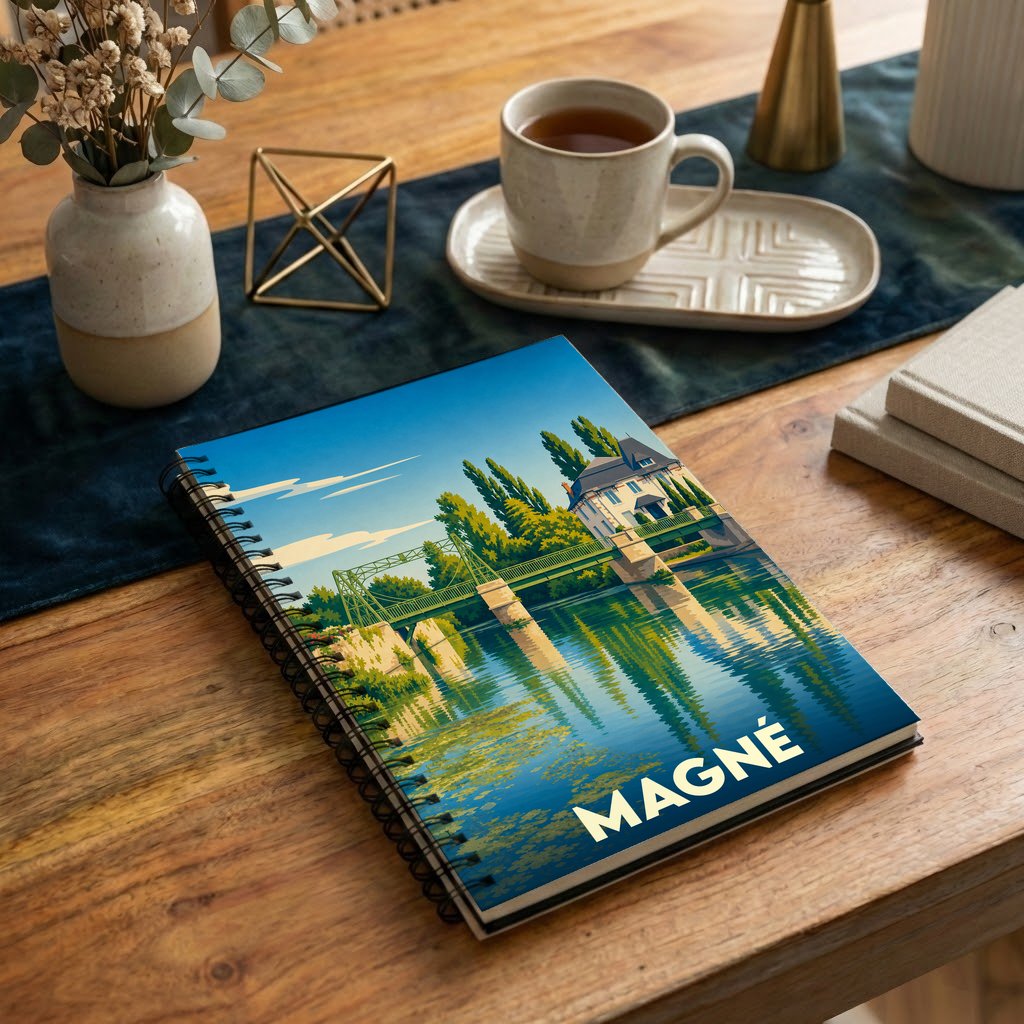 Carnet à spirales souvenir de la ville de Magné avec une illustration stylisée d'un pont et de reflets sur l'eau.
