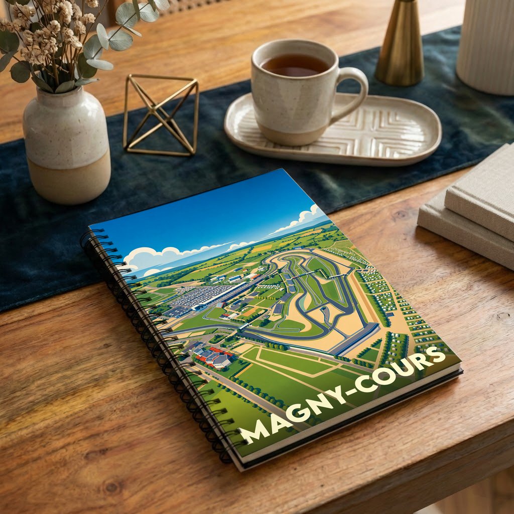 Carnet à spirales souvenir de Magny-Cours avec une illustration aérienne et stylisée du circuit automobile.