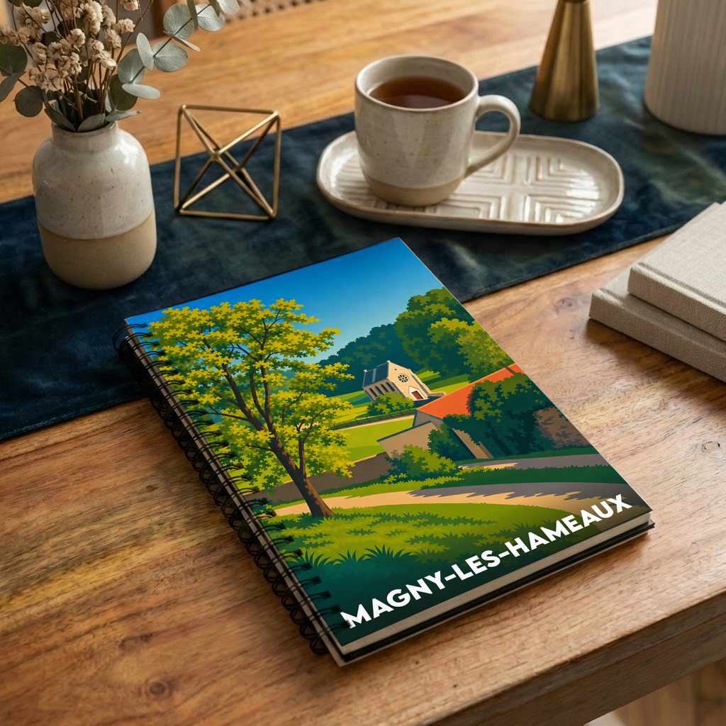 Carnet à spirales souvenir de la ville de Magny-les-Hameaux avec une illustration de paysage stylisée.