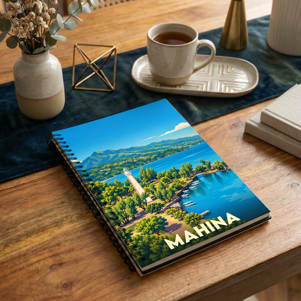 Carnet à spirales souvenir de la ville de Mahina avec une illustration stylisée d'un littoral ensoleillé.