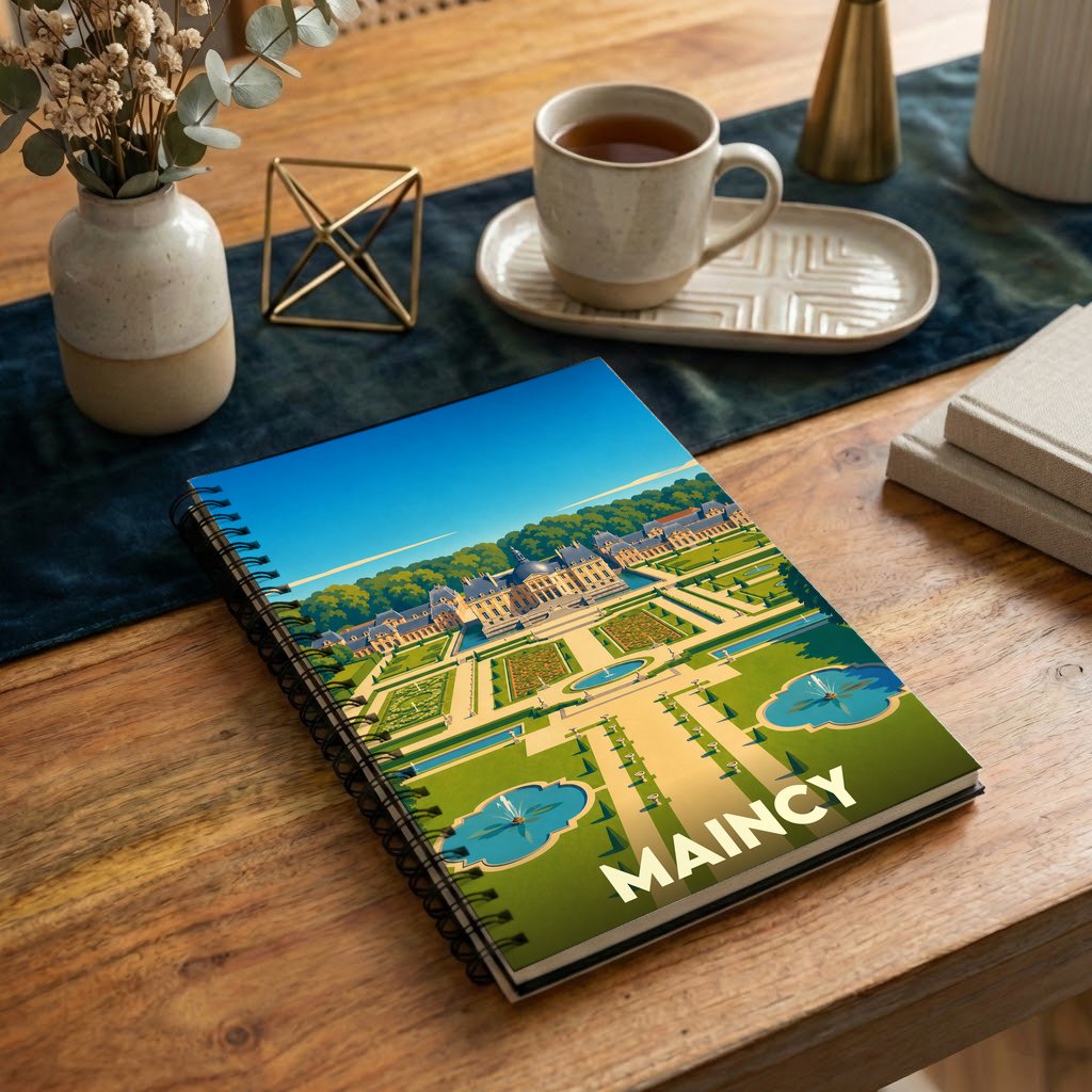 Carnet à spirale souvenir de la ville de Maincy avec une illustration stylisée du château de Vaux-le-Vicomte.
