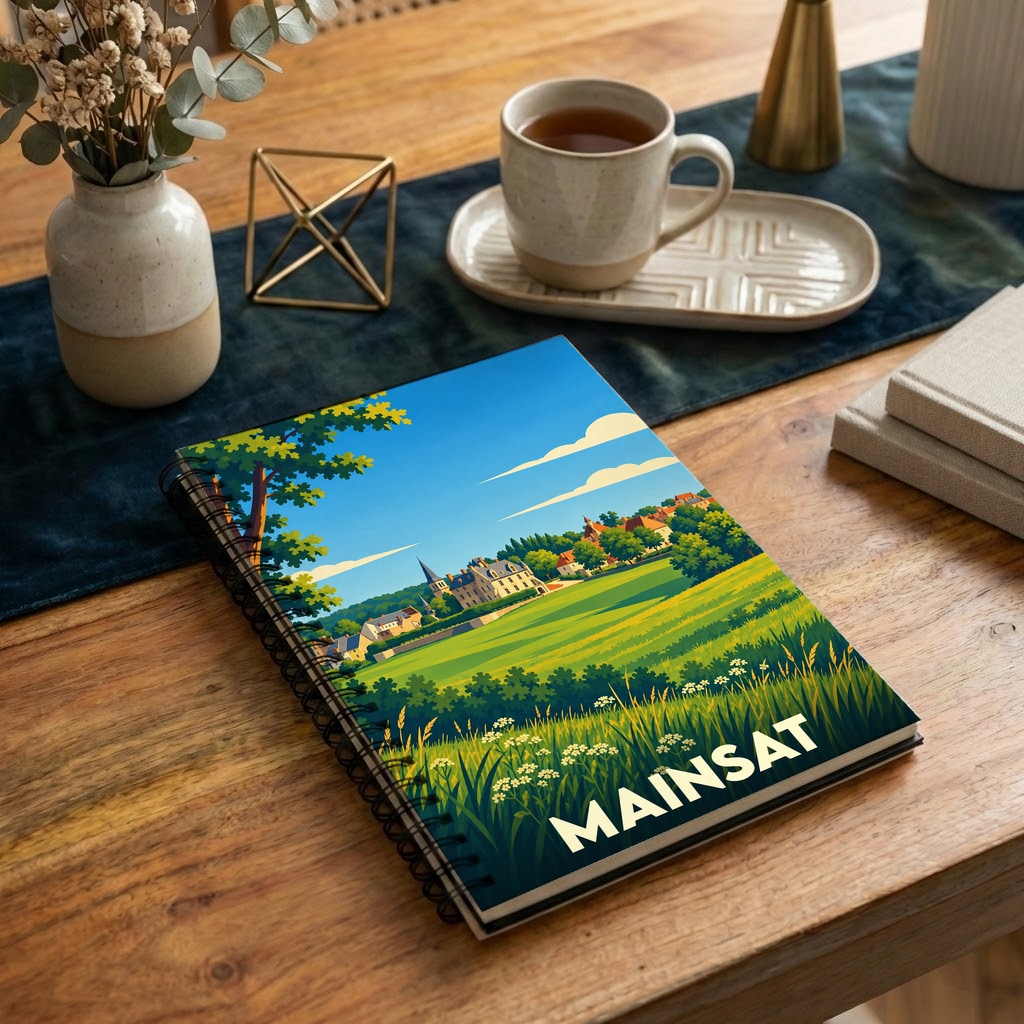 Carnet à spirales souvenir de la ville de Mainsat avec une illustration stylisée de son paysage champêtre.