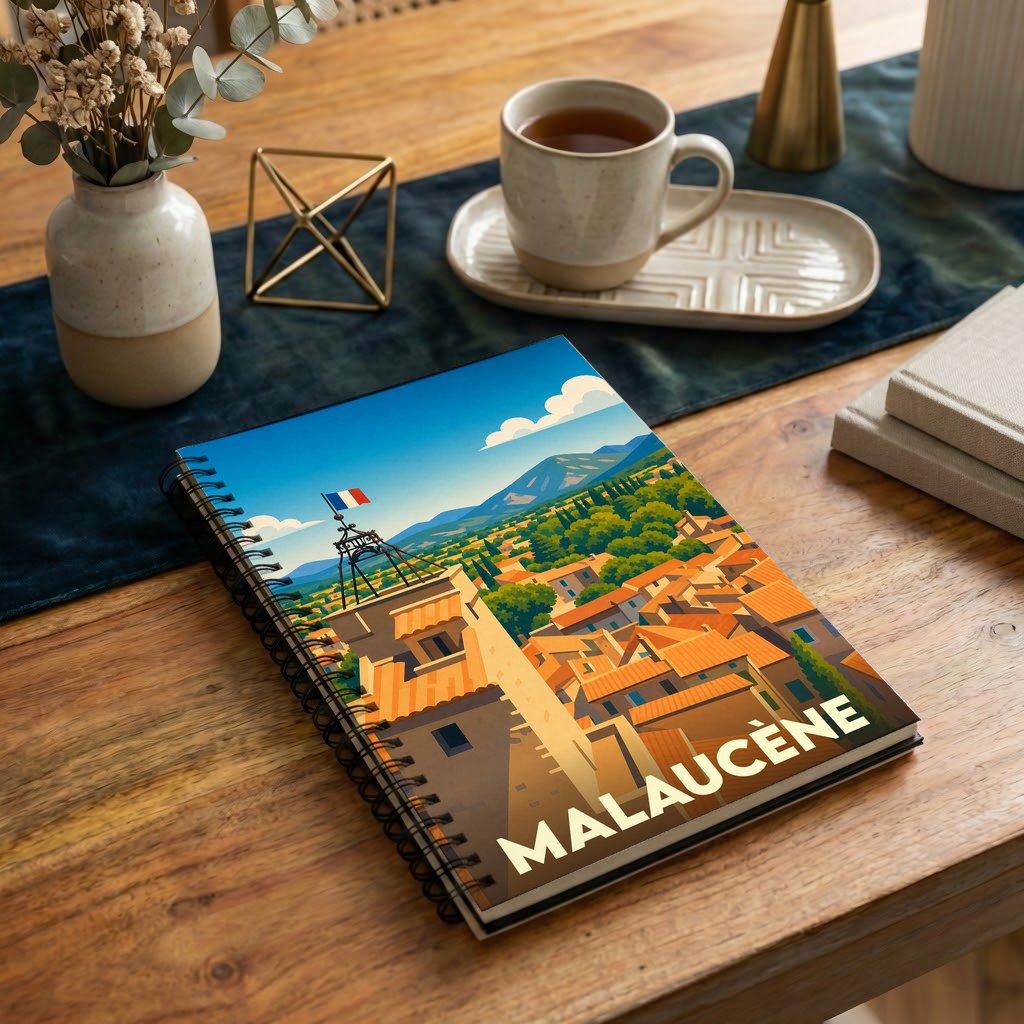 Carnet souvenir de la ville de Malaucène avec une illustration stylisée d'un village provençal.