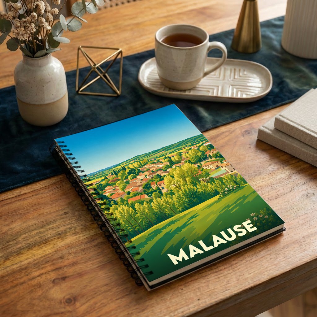 Carnet à spirales souvenir de la ville de Malause avec une illustration de paysage stylisée.