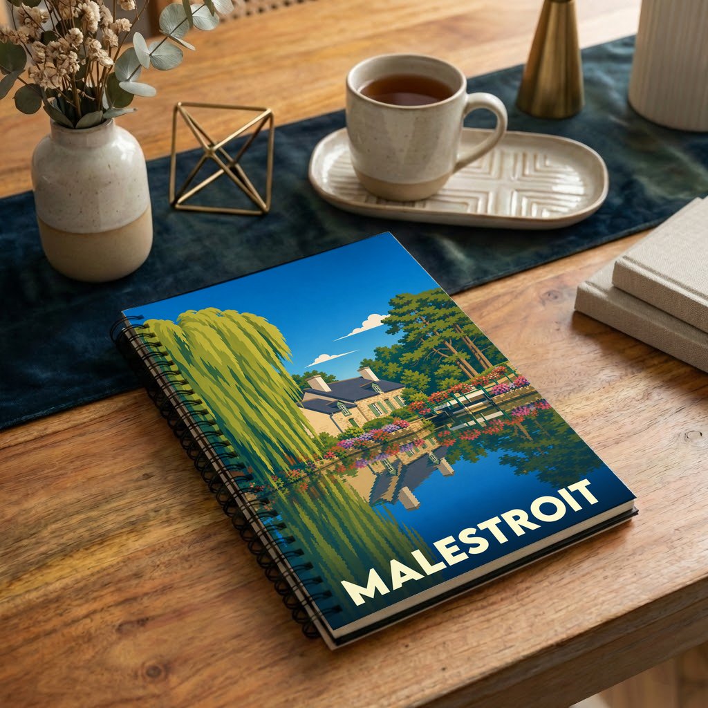 Carnet de notes à spirales souvenir de la ville de Malestroit avec une illustration stylisée d'un paysage au bord de l'eau.