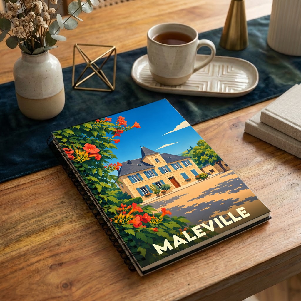 Carnet à spirale souvenir de la ville de Maleville avec une illustration stylisée d'une demeure traditionnelle.