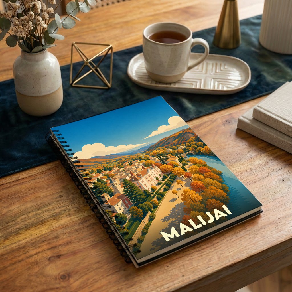 Carnet souvenir de la ville de Malijai avec une illustration de paysage automnal stylisée.