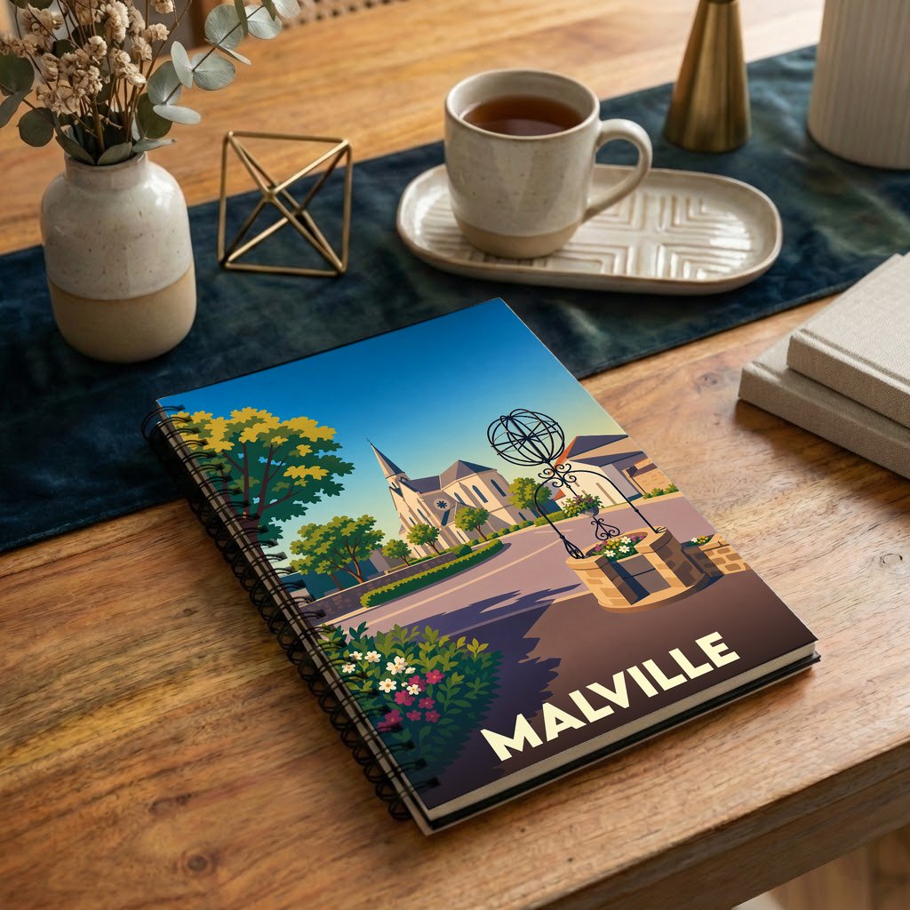 Carnet à spirales souvenir de la ville de Malville orné d'une illustration stylisée de son centre-ville.