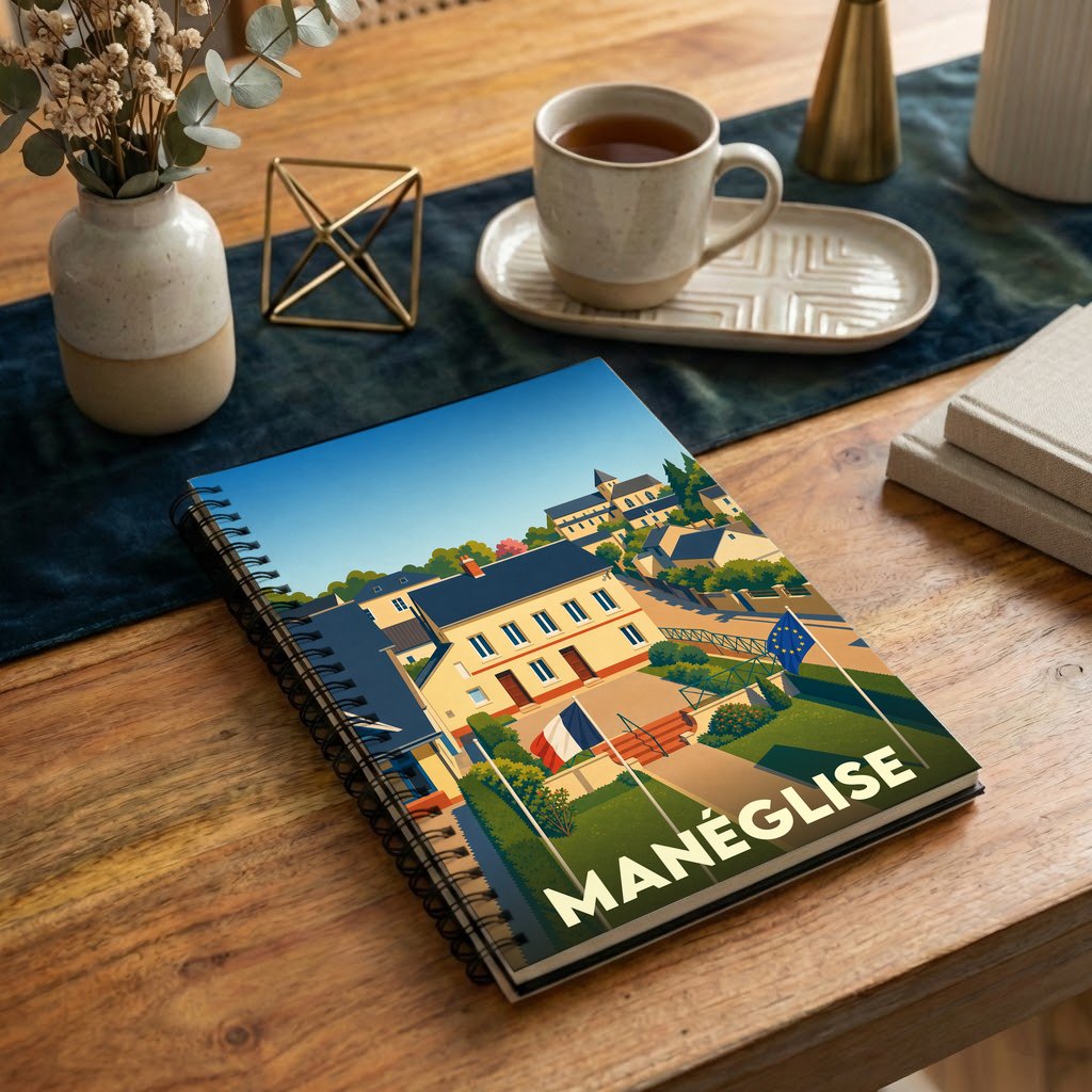 Carnet souvenir de la ville de Manéglise avec une illustration stylisée de sa mairie.
