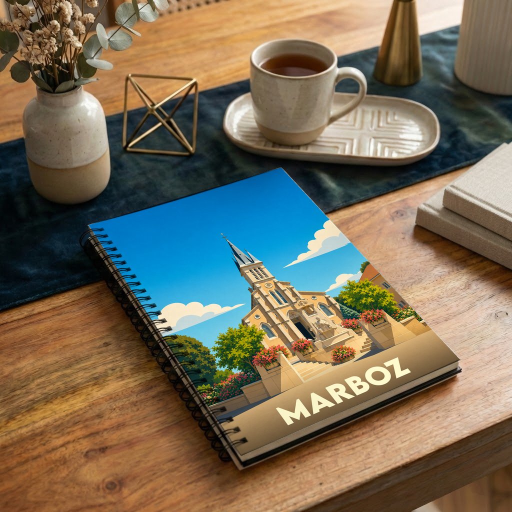 Carnet souvenir de la ville de Marboz avec une illustration stylisée de son église sous un ciel bleu.