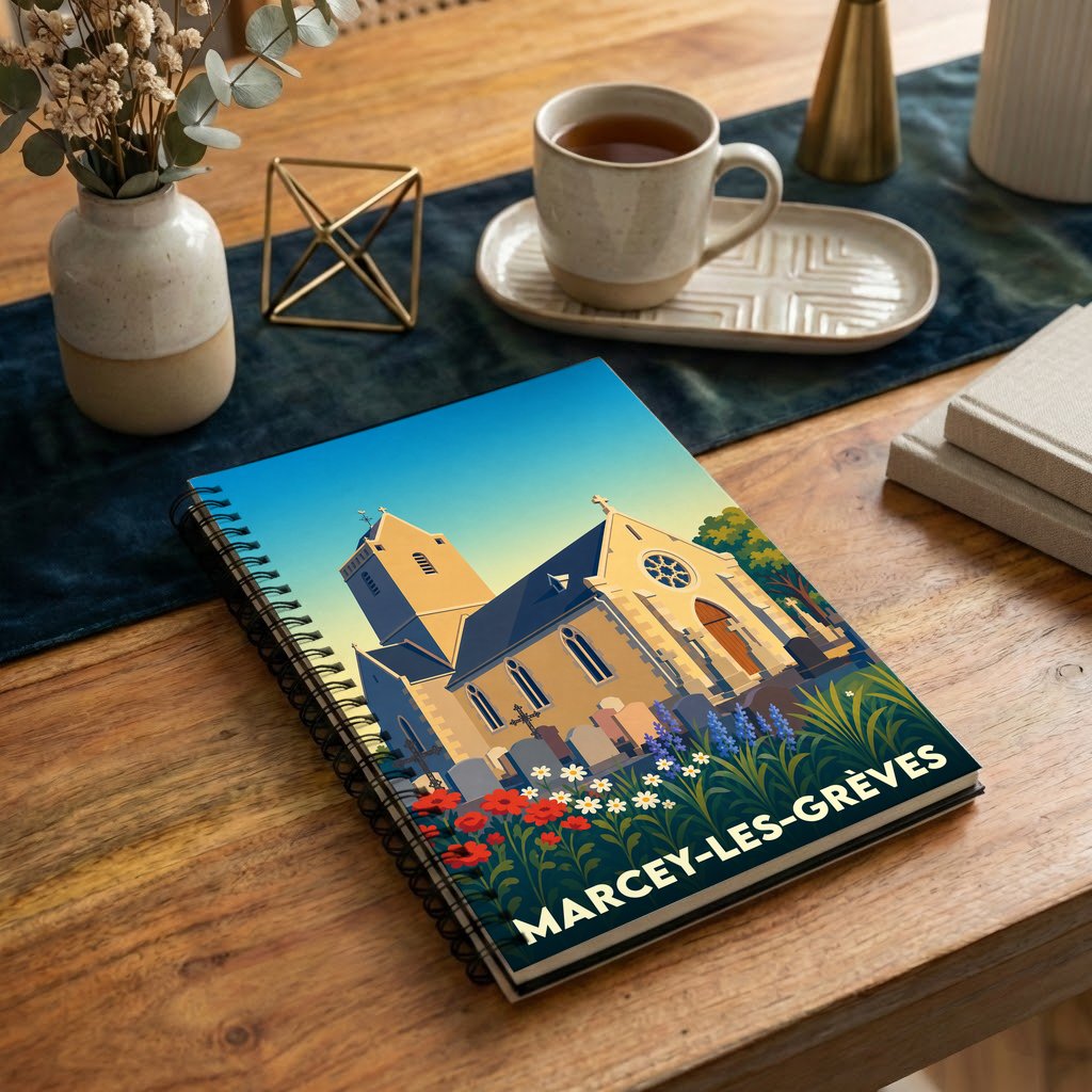 Carnet souvenir de la ville de Marcey-les-Grèves avec une illustration stylisée de son église.