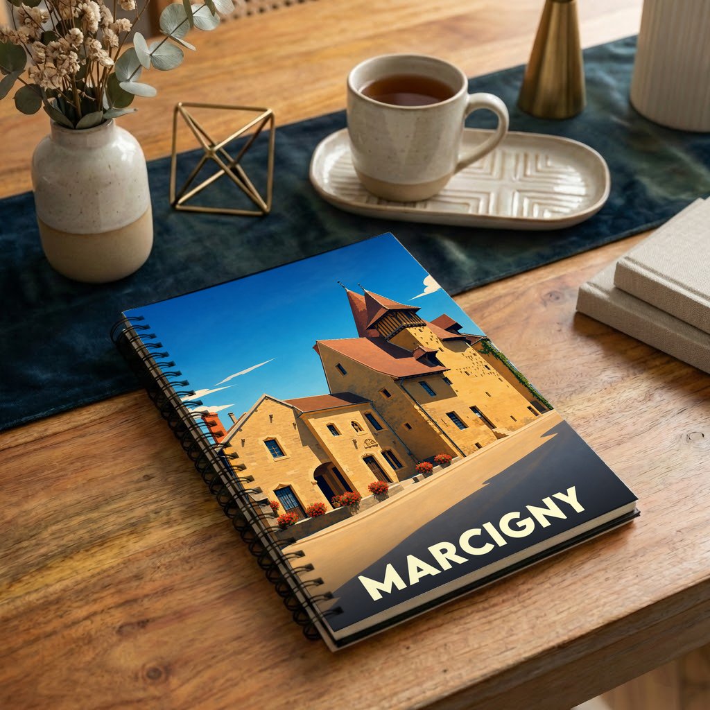 Carnet souvenir de la ville de Marcigny avec une illustration stylisée d'un bâtiment historique.