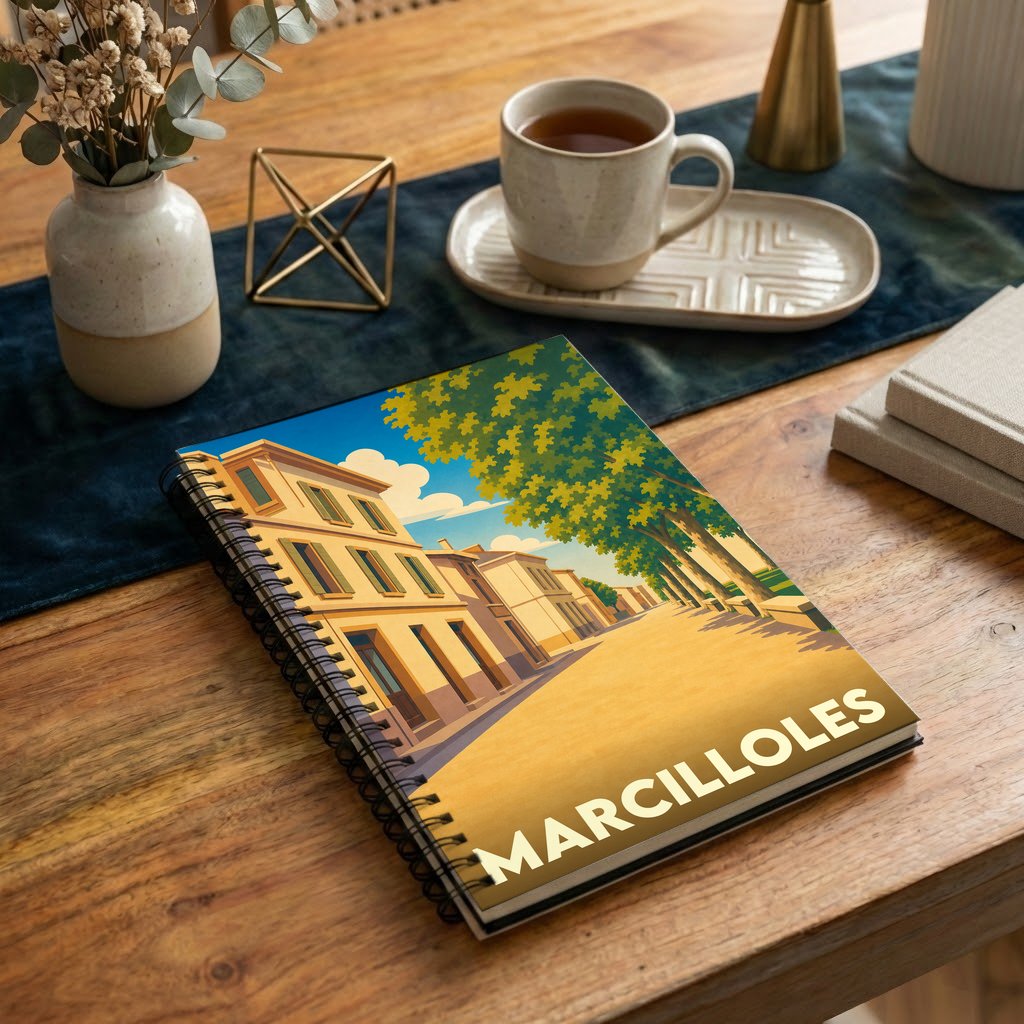 Carnet souvenir de la ville de Marcilloles avec une illustration stylisée.
