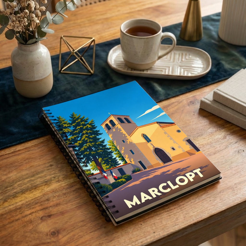 Carnet souvenir de la ville de Marclopt avec une illustration stylisée d'une église sous un ciel bleu.